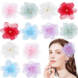 FRCOLOR 10Pcs Hawaiian Flower Hair Clips Organza Ribbon Flowers Headpieces Artificial Boho Clips Hairpin for Women Girls Wedding