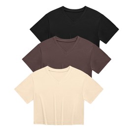 Ficerd 3 Pack Cotton Women's V Neck Crop Tops Half Sleeve Drop Shoulder Basics Cropped Top Boxy Tees for Girls(Black, Brown, Cream,L)