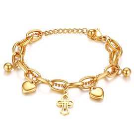 JewelryWe Fashion Heart Charm Bracelets,Double-Deck Chain Charms Stainless Steel Bracelet for Women Girls,Adjustable