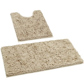 HOMEIDEAS 2 Pieces Bathroom Rugs Set Beige, Ultra Soft Non Slip Bath Rug, Absorbent Chenille Bath Mat, Plush Bathroom Carpets Mats for Bathroom, Tub, Shower