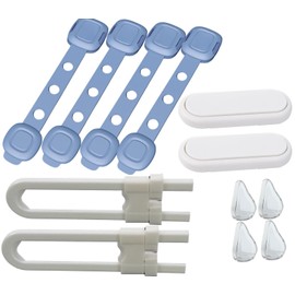 Anifm [12 Pieces] Baby Safety Kit - 4 Blue Adjustable Baby Locks,2 Cabinet Slide Locks,2 White Child Proof Hiden Locks and 4 Furniture Corner Guard