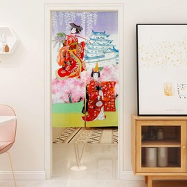 LIGICKY Japanese Noren Long Curtains, Door Curtain, Tapestry for Home Textiles, Room Divider (Kyoto Kimonos Geisha Girls, Cherry Blossoms, Temple, 85 x 150 cm)