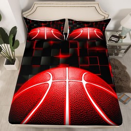 richhome Basketball Bed Sheets Set Kids Gaming Sports Fitted Sheet(No Top Sheets） Double Size Ball Games Red and Black Bedding Set for Room Decor Soft Geometric With 2 Pillow Case