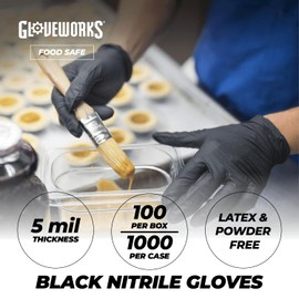 GLOVEWORKS Black Disposable Nitrile Industrial Gloves, 5 Mil, Latex & Powder-Free, Food-Safe, Textured, X-Large, 2 Boxes of 100