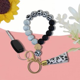 AkiliBIELY Black Silicone Beaded Keychain Wristlet for Women White Leather Cow Print Tassels Bracelet Key Chain for Work Wallet Car Motorcycle Aesthetic Cute Keychains Cool Keys Chains
