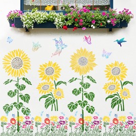 Large Sunflower Stencil Fence Stencils for Outdoors Reusable Floral Templates Large Flower Stencils for Painting on Wood Fence Garden Wall Mural DIY Crafts Canvas Fabric Furniture(sunflower9)