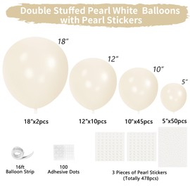 JZCZOEB Double Stuffed Pearl Balloons Different Sizes 116Pcs 5/10/12/18 Inch Pearl White Balloons Garland Arch Kit with Pearl Stickers for Bridal Shower Birthday Baby Shower Wedding Birde to Be