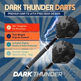 DESIGNA DARTS D3531 Dark Thunder | 20g Premium 90% Tungsten Barrel Steel Tip Dart Set With Twin Ringed Grip Including Flights and Nylon Shafts, Black