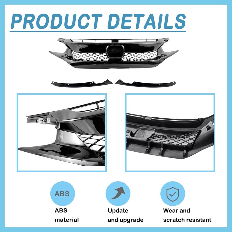 CABOHON Front Bumper Upper Grille For 2016-2018 Honda Civic Glossy