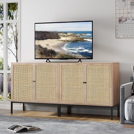 Brafab Set of 2 Sideboard Buffet Cabinet with Natural Rattan Decorated Doors, 63" W Rattan Cabinet, Console Storage Cabinet, Boho Credenza for Living Room, Entryway, Bedroom, Dining Room/Square Doors