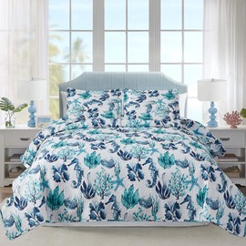Beach Quilt Sets Twin Size Ocean Theme Bedspread Coastal Bedding Set Blue Seahorse Starfish Shell Quilts Lightweight Reversible Bed Coverlet Soft Summer Bed Cover with 2 Pillowshams