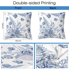 Naqiuli Blue Flowers Throw Pillow Covers Set of 2 Peony and Ferns Pillow Covers 16x16 Inch Modern Farmhouse Home Decorative Pillow Cases Cushion Cover for Sofa Living Room Office