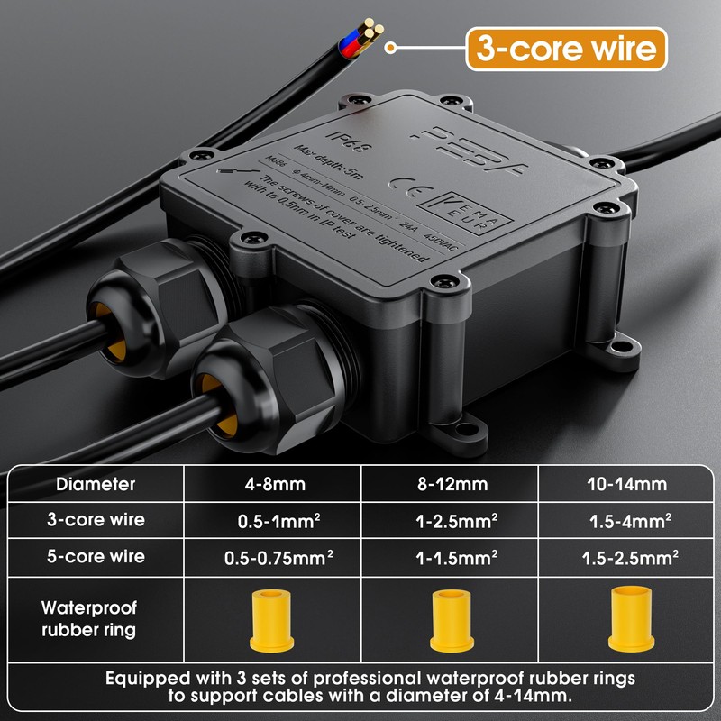 PEBA IP68 Waterproof Cable Junction Box, 3-Way Outdoor Cable Connector,