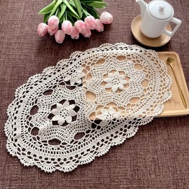 Eiyye 2-Pieces Handmade Cotton Crochet Doilies Oval Lace Table Placemats Beige