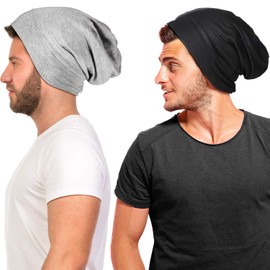 Geyoga 2 Pcs Silk Satin Bonnet for Sleeping Men Silk Satin Beanie with Adjustable Elastic Band for Curly Hair(Black, Gray)