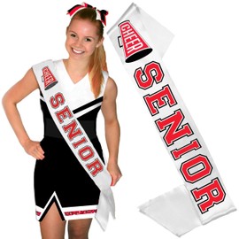 Red Senior Sash Cheer - Red with Black Outline CHEER Senior White PREMIUM GRADE SATIN Sash - High School Cheerleader Gifts - WhiteSash (Cheer) Redw/Blk