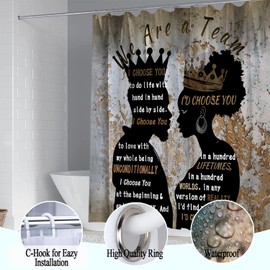 Omebero 4 Pcs Shower Curtain Set with Rugs Toilet Lid Cover Bath Mat, Romantic Black Man Women Couples Bathroom Sets with Shower Curtain and Hooks, Waterproof Fabric Black King Queen Shower Curtains