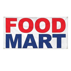Vinyl Banner Multiple Sizes Food Mart Red Blue Bar Restaurant Truck Restaurant & Food Outdoor Weatherproof Industrial Yard Signs 4 Grommets 12x30Inches