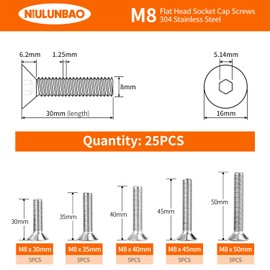 NIULUNBAO M8 x 30mm 35mm 40mm 45mm 50mm Flat Head Socket Cap Screws Countersunk Bolts, 304 Stainless Steel, Allen Socket Drive, Metric Fully Threaded, Bright Finish, Assortment Kit 25PCS