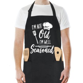 XLSXEXCL Funny Cooking Aprons for Women Men, I'M NOT Old I'M WELL Seasoned, Aprons for Cooking Kitchen Grilling Aprons with Two Pockets, Grill Apron Adjustable Chef Apron, Birthday Gift for Dad Mom