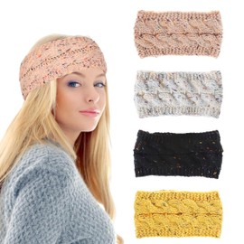 4Pcs Winter Headbands for Women, 4 Colors Elastic Knit Ear Warmer Headband for Cold Weather, Fashion Twist Fuzzy Fleece Lined Soft Winter Knit Headbands Winter Ear Warmers for Outdoor