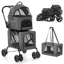 PETSITE Double Dog Stroller, Foldable 3-in-1 4 Wheels Cat Stroller with 2 Detachable Carriers, Safety Belt, Washable Cover, Removable Pads for Small Medium Dogs Cats (Grey)