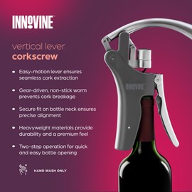 Innovine Vertical Lever Corkscrew, Gear-Driven Wine Opener with Non-Stick Worm, Heavyweight, Durable Construction, Perfect for Home Bar, Travel, Picnic, Camping, Outdoor Party, Set of 1