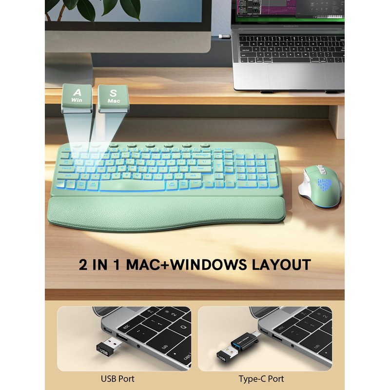 SABLUTE Wireless Keyboard and Mouse Combo, Ergonomic Wave with Wrist