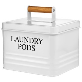 Calindiana Modern Farmhouse Metal Laundry Pods Holder Container with Lid for Laundry Room Decor and Accessories and Space Saving Organization and Storage, Holds 81 Laundry Pods, White