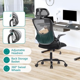TREATLIFE HOME Comfortable Swivel Office Chair with Adjustable Headrest, High Back Design, Lumbar Support, and Flip Arms, Black