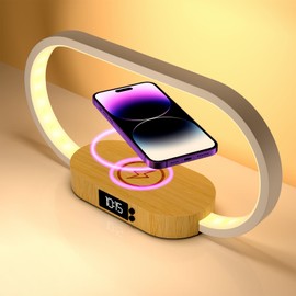 m zimoon Bedside Lamp with Fast Wireless Charger, Bedroom Lamp with Clock, Table Lamps for Bedside, Touch Night Light for Bedroom, Wood Decor, Stepless Dimming, 3 Colour Modes