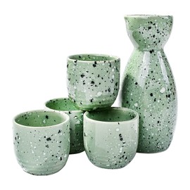 Sake 5-Piece Set, Durable Japanese Sake Ceramic Set Featuring 1 Sake Bottle and 4 Sake Cups (Small Green)