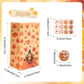24 PCS Fall Treat bags with Stickers Thanksgiving Paper Bags For Candy Goodie Snack Cookie Gift Wrap Autumn Maple leaf Pumpkin Turkey Pouch Happy Friendsgiving Bag Party Favors Supplies Decorations