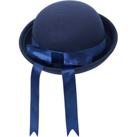 YeeHeen Felt Cloche Hat Church Round Bucket Hat Bowler Hats for Women Navy + Navy Ribbon