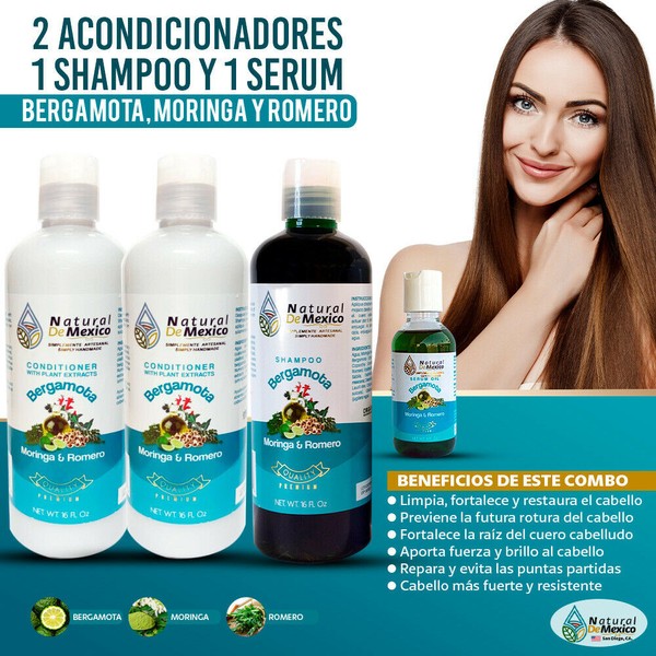 Tierra Naturaleza 2 Shampoos, 1 Conditioner, 1 Serum of Bergamot, Moringa and Rosemary Hair Health