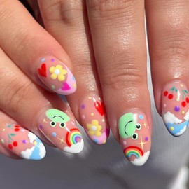 Pikabows Press On Nails Short Almond Rainbow Frog Cherry Cute Fake Nails Acrylic False Nail Tips Kit Glue on Nails for Women