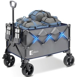 Sunula Collapsible Foldable Wagon Cart with 330lbs Weight Capacity, Heavy Duty Folding Wagon Cart with Big All-Terrain Wheels & Drink Holders. Gray