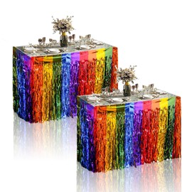 2pcs Rainbow Party Table Skirt Wavy Grass Table Skirt,Rainbow Metallic Tinsel Foil Fringe Table Skirts Rainbow Table Decorations for Birthday Baby Bridal Shower Unicorn Pride Party Table Decorations