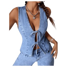 Milumia Women's Tie Bow Front Deep V Neck Denim Vest Sleeveless Jean Jacket Light Wash Large