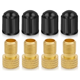 KAPSING Bicycle Valve Adapter Set, 4 Brass Valve Adapters and 4 Black Valve Caps, Valve Adapter for Bicycles, E-Bikes and E-Scooter