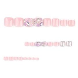 White French Tip Press on Toenails 3D Flower Rhinestone Fake Toe Nails Short Square Press on Toenails for Women Cute Summer Rhinestone Glue on Toenails Fake False Toenails, 24PCS