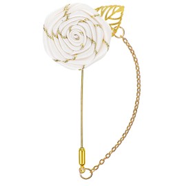 Ymapinc Gold Lapel Pin for Men，Gold Foil Brooch Men's White Flower Pin Men's Satin Lapel Pin with Metal Chain Suitable for Suits, Professional Suits, Tuxedo Groom Wedding Brooch