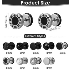 ValueBargain 9 Pairs of Fake Tunnels, Men's Earrings Silver Black Stainless Steel Earrings Set, Round Screw Dumbbell Stud Earrings, Faux Gauges Ear Plugs, 8 mm for Men and Women