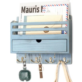 Rebee Vision Rustic Mail Organizer Wall Mounted with Drawer Organizer – Farmhouse Key and Mail Holder for Wall with 7 Key Hooks – Home Essentials for Room Decor Aesthetic (Distressed Blue)