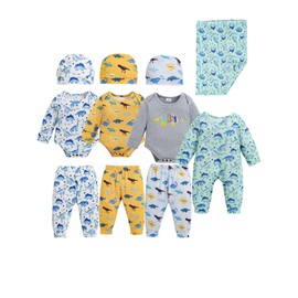 Renotemy Newborn Baby Boy Girl Clothes Fall Winter Essentials 11-Piece Layette Set with Bodysuits, Pants, Hat, Blanket Infant Unisex Outfit Gift Sets for Coming Home, Hospital (0-3 Months,Dinosaur)