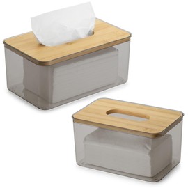QIWODE Tissue Box Holder Rectangle, Plastic Tissue Box Cover with Bamboo Lid Top, Tissue Dispenser Box for Facial Tissues, Napkin, Hand Towels, Transparent (Pack of 2)