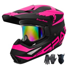 Motocross Helmet,Youth & Adult ATV Dirt Bike Motorcycle Helmet, Kids BMX 4-Wheeler Off-Road Mountain Bike Helmet,DOT Certified,W/Gloves Goggles Mask 4-Piece Set (01 Pink, Medium)