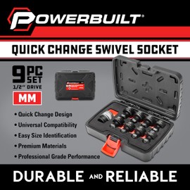 Powerbuilt 9 Piece 1/2-Inch Drive Impact Grade Universal Joint Quick-Change Socket Adapter and Sockets Set, Size: 17mm-24mm, Storage Case - 643031ECE