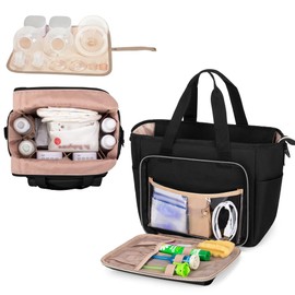 LUXJA Large Wearable Breast Pump Bag with a Waterproof Mat for Wearable Breastfeeding Pump, Carrying Tote Bag with Multiple Pockets for Hands Free Breast Pump and Extra Parts, Black