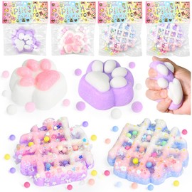 Kleemeiero Pack of 4 Squeeze Toys, 2 Cat Paw Squeeze Toy Cat Paw Toy with Balls Funny 2 Mochi Squishy Waffles Squish Toys Waffles Taba Squishy Squeeze Toy for Children Adults